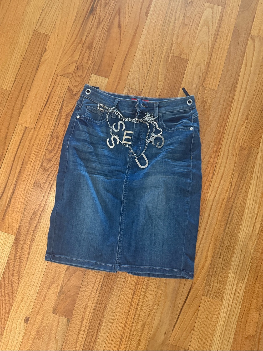 Guess Dark Blue Denim Pencil Skirt with Branded Chain